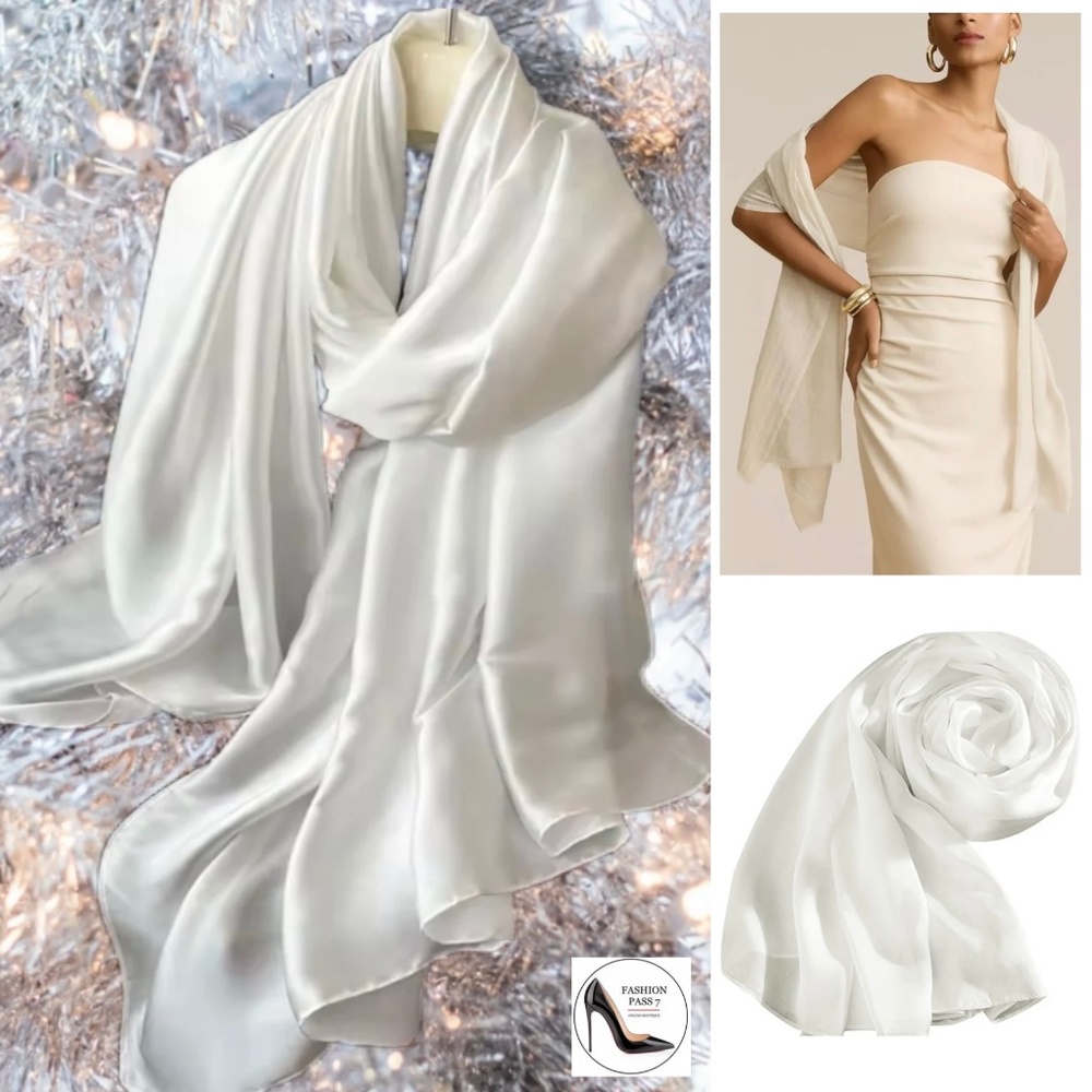 White 100% SILK SATIN Large Shawl Scarf Wrap Wedding Bridal Bridesmaid Cover up
